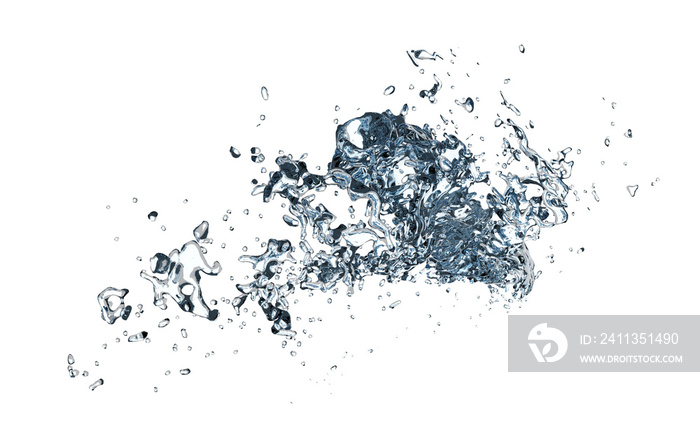 3d water splash transparent, clear blue water scattered around isolated. 3d render