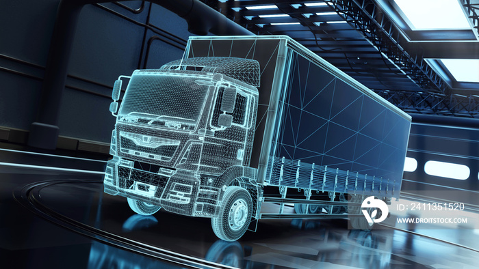 Concept 3d illustration. the truck hologram in the garage or parking. Futuristic truck with trailer scene with wireframe intersection. 3D rendering