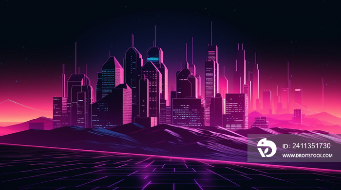 Synthwave retro cyberpunk style landscape background banner or wallpaper. Bright neon pink and purple colors.