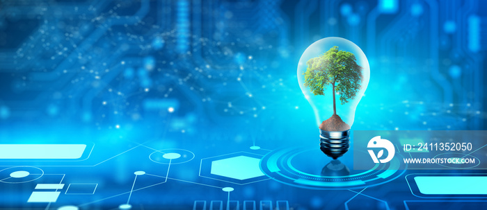 Tree with soil growing on  Light bulb. Digital Convergence and and Technology Convergence. Blue light and network background. Green Computing, Green Technology, Green IT, csr, and IT ethics Concept.