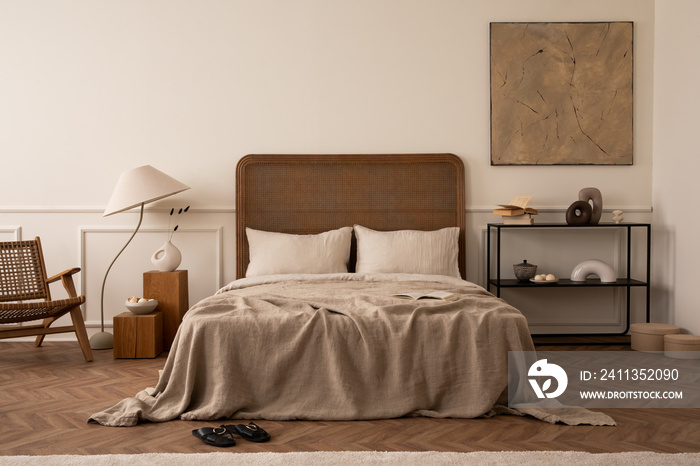 Warm bedroom interior with mock up poster frame, cozy bed, beige bedding, stylish lamp, round box, black rack, wall with stucco, rattan armchair and personal accessories. Home decor. Template.