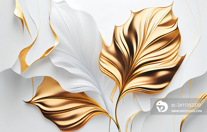 White background and gold art marble abstract art background. Golden line art flower and leaves organic shapes, Wallpaper design, Wall art for home decor and prints.