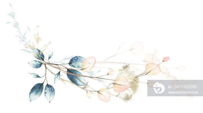 Branches with blue and pink leaves branches, golden line art. Watercolor painted floral bouquet..Cut out hand drawn PNG illustration on transparent background. Watercolour isolated clipart drawing.