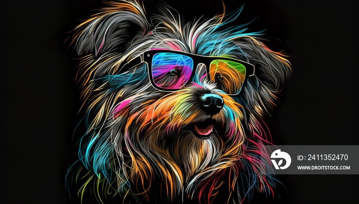 Colorful abstract line art happy animal with sunglasses dog