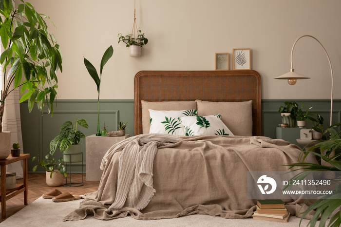 Warm and cozy bedroom interior with mock up poster frame, boho bed, beige bedding, green wall with stucco, books, brown slippers, plants in pots and personal accessories. Home decor. Template.