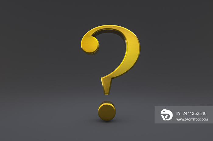 Gold question mark sign minimal on black background, 3d render, minimal and copy space