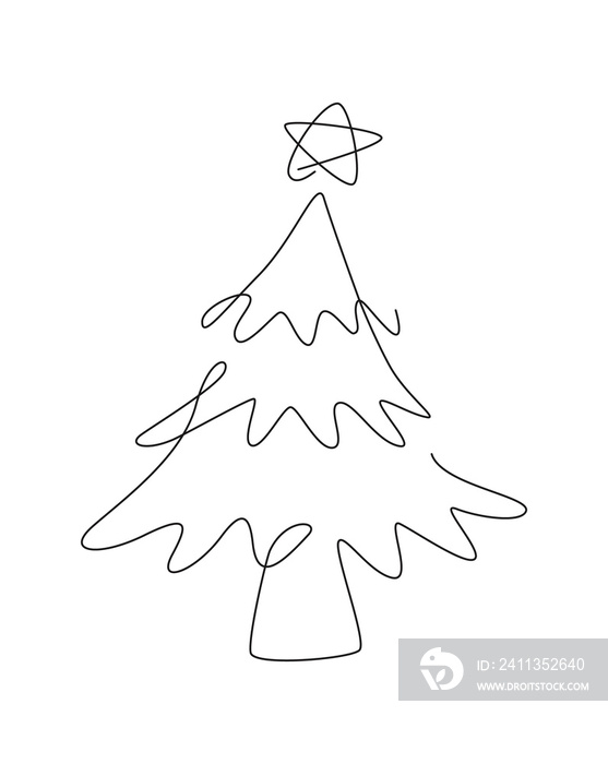 Christmas tree, one line, outline, pine tree Xmas