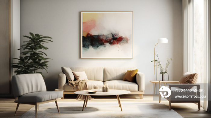 Chic Living Room Interior with Mockup Frame Poster, Modern interior design, 3D render, 3D illustration