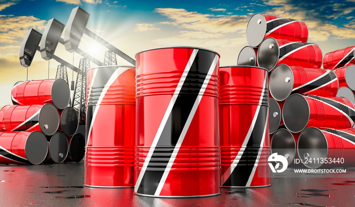 Oil barrels with flag of Trinidad and Tobago and oil extraction wells - 3D illustration