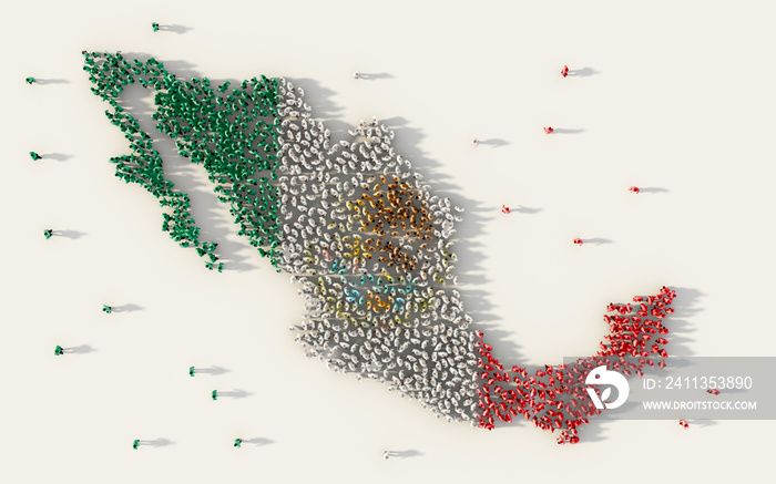 Large group of people forming Mexico map and national flag in social media and communication concept on white background. 3d sign symbol of crowd illustration from above gathered together