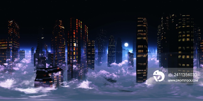 Night city among the clouds. HDRI . equidistant projection. Spherical panorama. panorama 360. environment map, 3D rendering