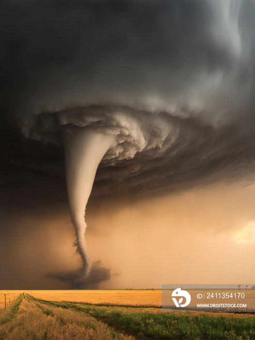 Thunderstorm and tornado with clouds over the field