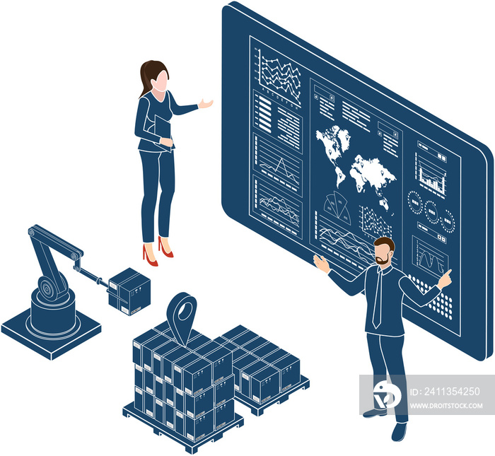 3D isometric Logistics Supply Chain Management concept with description of Fleet management, Warehousing, Materials handling, Inventory and Demand planning. Clipart Transparent PNG