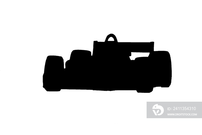 Open wheel racing car, 3/4 front view, black and white silhouette