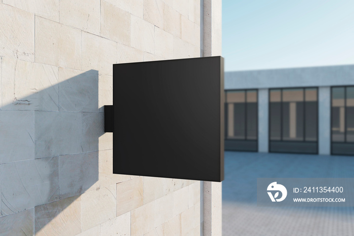 Empty square black stopper on concrete building. Bright city with sunlight background. Ad, pub, cafe, or restaurant banner. Mock up, 3D Rendering.