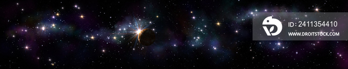 Panorama of stars, starry sky, star rising above planet against stars, nebulae and stars