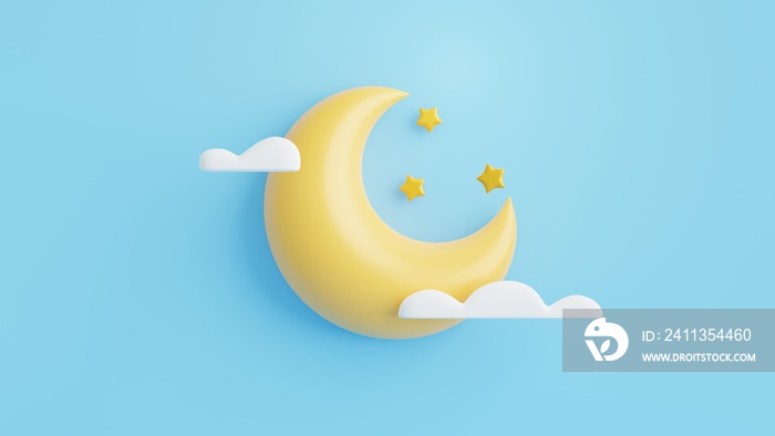 3D crescent moon, star and clouds on blue background.Abstract minimal scene with copy space.3D Rendering Illustration.