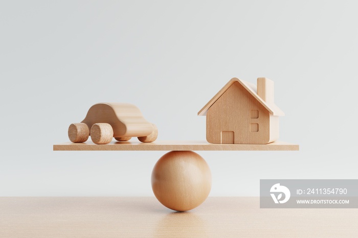 House and car coin with balancing weight scale on wooden background. Financial and Transportation production concept. Loan and real estate theme. 3D illustration rendering