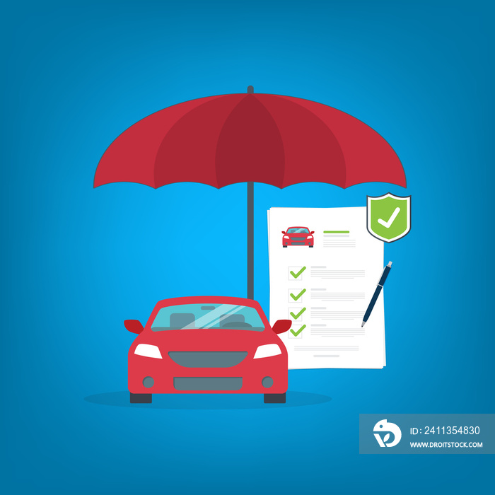 Car insurance document, report. Passenger car insurance. Paper agreement checklist or loan checkmarks form list approved with automobile icon, vehicle financial, car dealership legal deal.