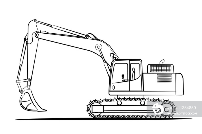 A drawn line of hydraulic excavator for earthmoving, commercial vehicle. Heavy backhoe construction machines equipment concept. Abstract Earth mover, digger. Crawler excavator line icon. Raster