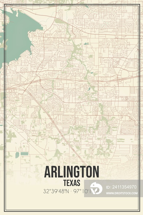 Retro US city map of Arlington, Texas. Vintage street map.