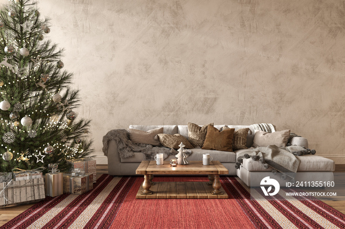 Christmas tree with toys and gifts decorate modern interior scandinavian style. 3d render illustration farmhouse living room. Mock up stucco wall.