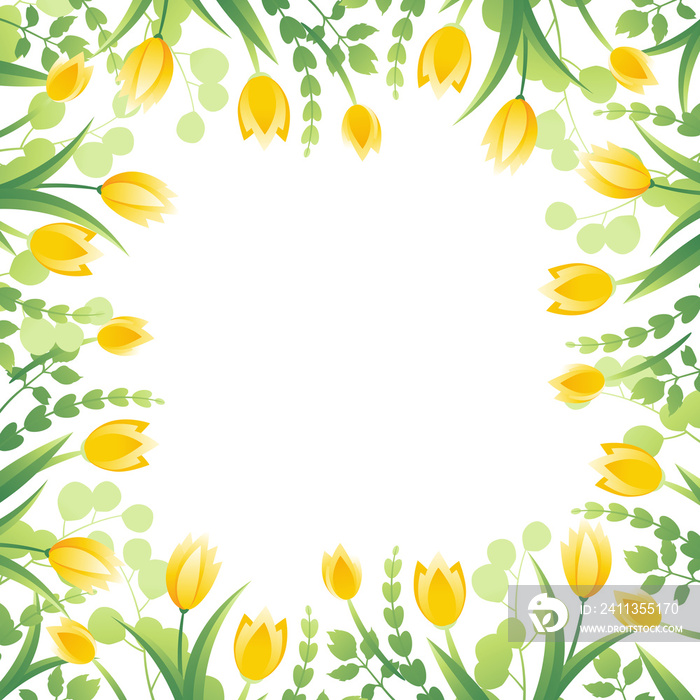 Green spring square  with yellow tulips and leaves.   for card, banner, invitation, social media post, poster, mobile apps, advertising