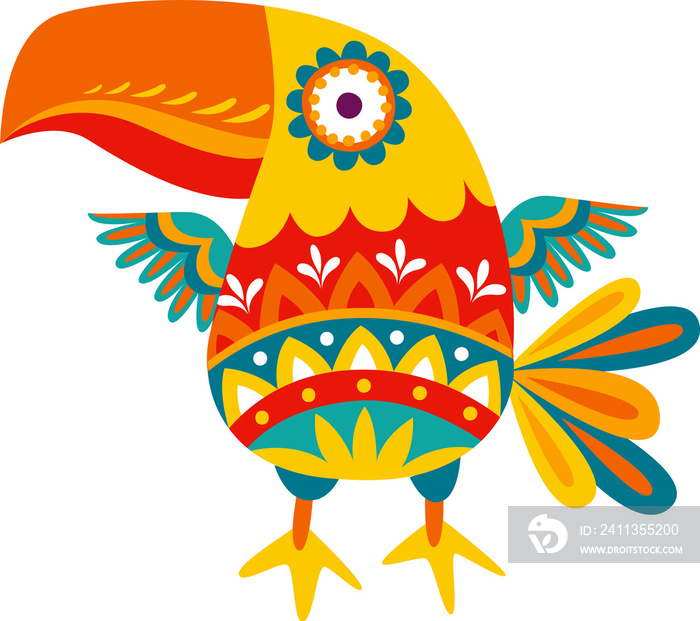 Cartoon mexican toucan bird with ethnic ornaments