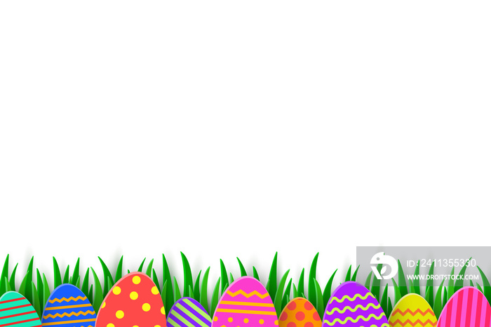 Design with Easter eggs hidden in the grass. Transparent background with paper cut decorations. PNG illustration