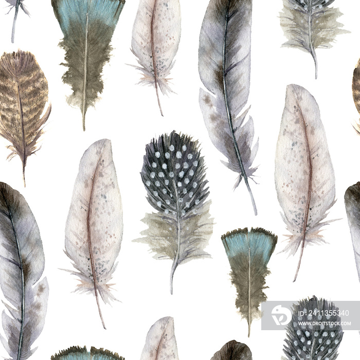 Watercolor bird feather seamless pattern for easter. Hand painted blue, striped and polka dot feathers isolated on white background. Wildlife illustration for design, print, fabric or background.