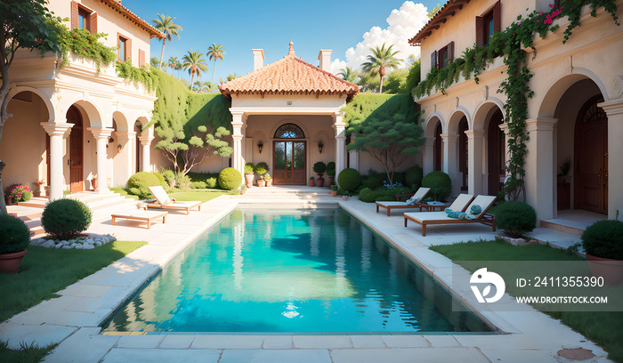 Photo of a beautiful swimming pool with a serene green landscape in the background