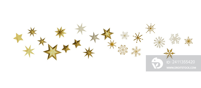 new year pattern. Christmas theme, golden openwork shiny snowflakes, star, 3D rendering.