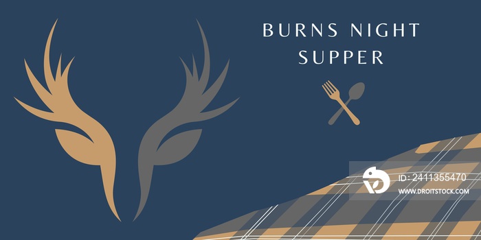 Burns night supper card with deer on blue background.