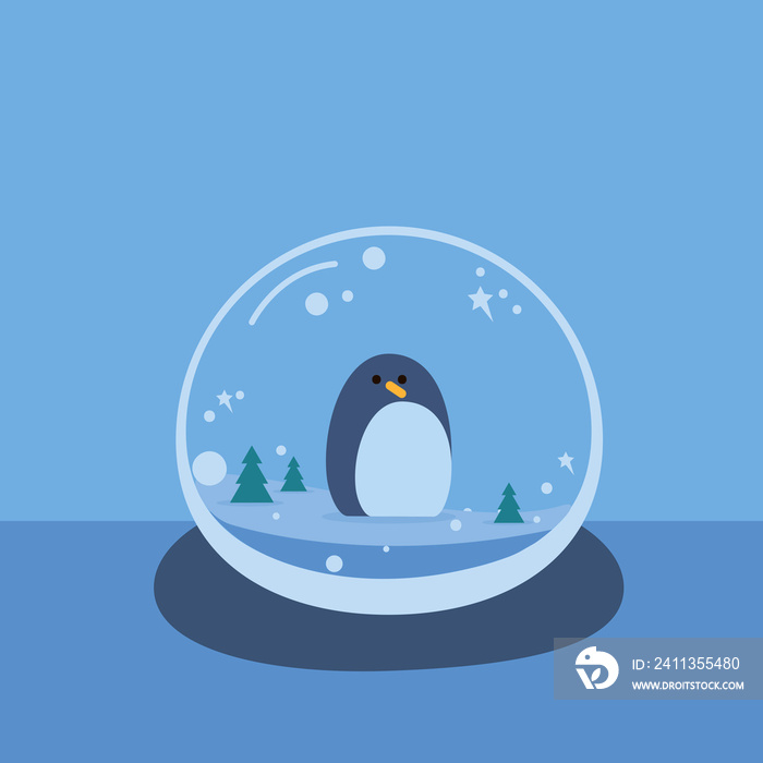 New Year’s ball with penguin, Christmas trees and snow. New Year’s card with a ball on a blue background. Christmas decor