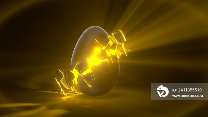 easter egg. alien egg with yellow glowing cracks and light rays.