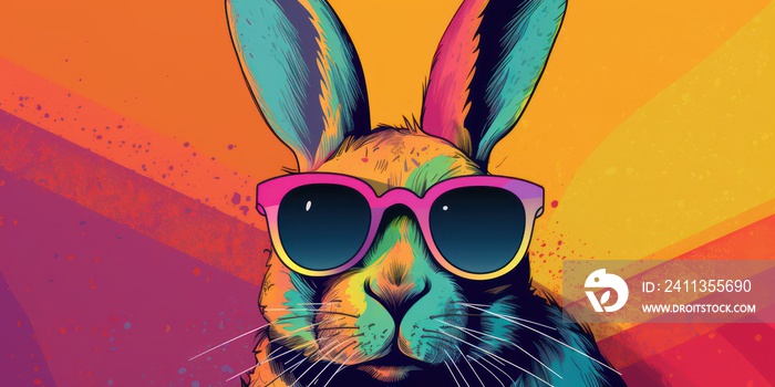 Cool bunny with sunglasses on colorful background.