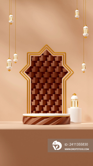 empty mockup white brown podium in portrait arabian lantern ramadan kareem, 3d image render