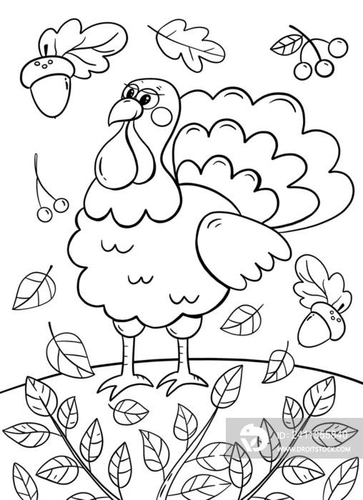 Thanksgiving Day coloring book page. Turkey coloring page.