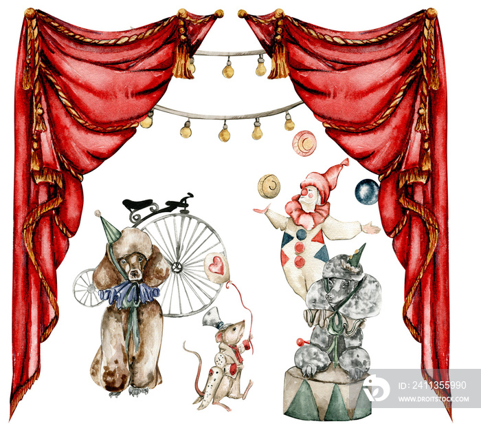 Watercolor circus composition in vintage style. Perfect for wedding, invitations, blogs, card templates, birthday and baby cards, patterns, quotes. isolater on white background.Cute circus animals.