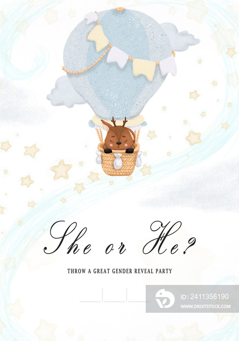 She or he? Invitation card template with the inscription on a white background with hot air balloon and animal, stars, sky. Design for Gender reveal party can be used of holiday, pregnancy, motherhood