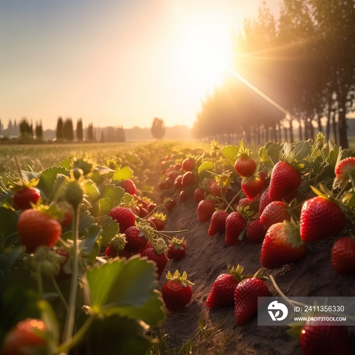 Sun-Kissed Strawberry Fields: Warm Tones, Glossy Texture, and Serene Atmosphere in a Bountiful Harvest