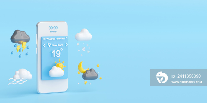 Weather Forecast Concept, Smartphone displays weather forecast application widget, icons, symbols, 3d illustration