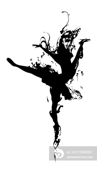 Dancing girl in splashes. Ink stain. Ballerina in black paint stands on one leg. Liquid flows from the dancer. Splashes of black paint on the girl. Ballroom dancing. Dancing girl silhouette.