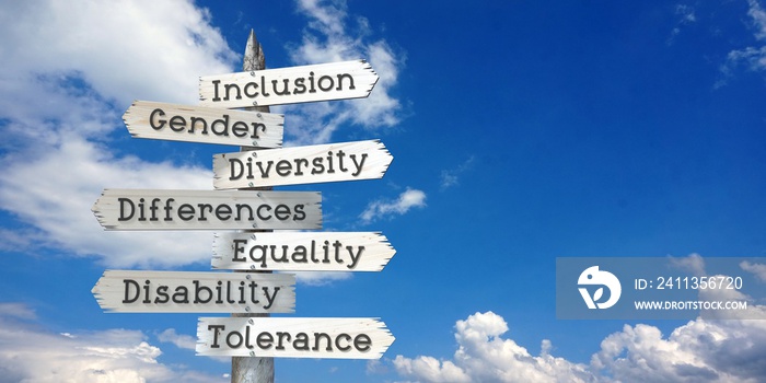 Inclusion, gender, diversity, differences, equality, disability, tolerance - wooden signpost with many arrows