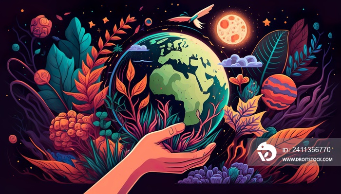 Hand holding planet Earth with plants and other planets around it