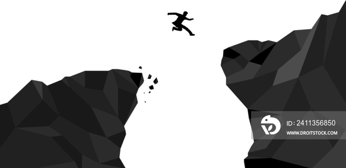 Silhouette of businessman jump over the abyss to higher cliff. Concept of risk and success in business