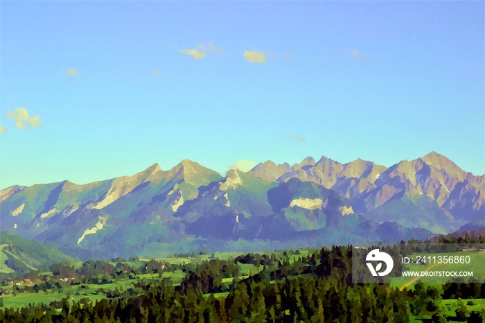 Tatra Mountains panorama. Digital painting. Gorgeous mountain range with high rocky peaks. Beautiful view from Kotelnica mountain. Bialka Tatrzanska, Podhale, Poland. High Tatra summits.