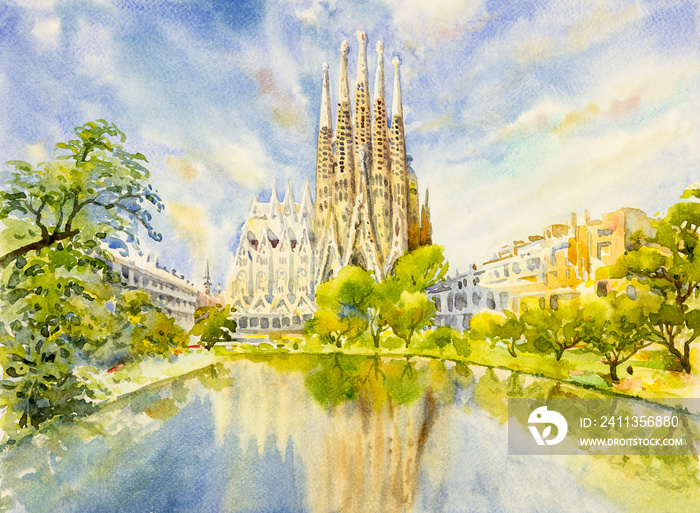 Barcelona at Spain, watercolor painting.