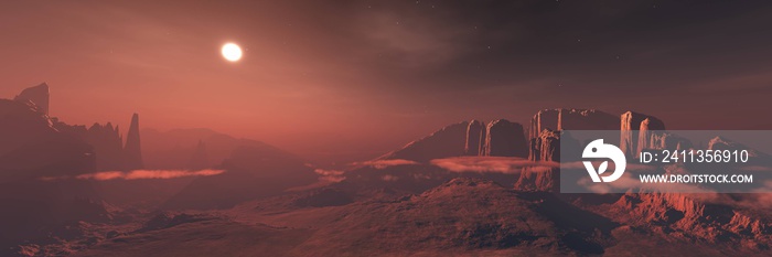 Mars, panorama of Mars, Martian landscape at sunset, alien landscape. 3d rendering.