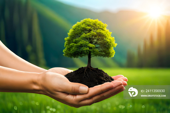 Human hands holding green tree in soil with sunlight. Ecology concept.